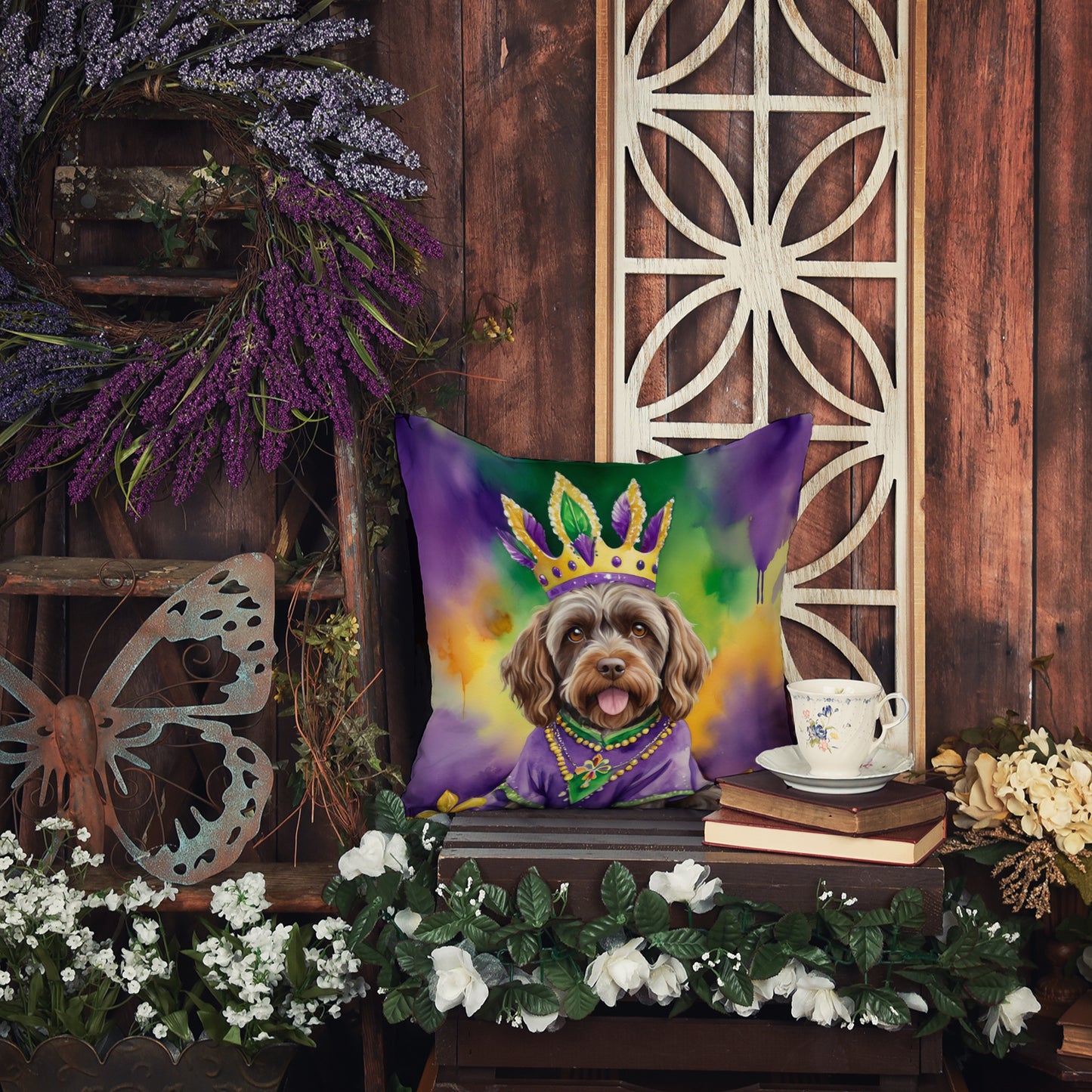 Wirehaired Pointing Griffon King of Mardi Gras Throw Pillow