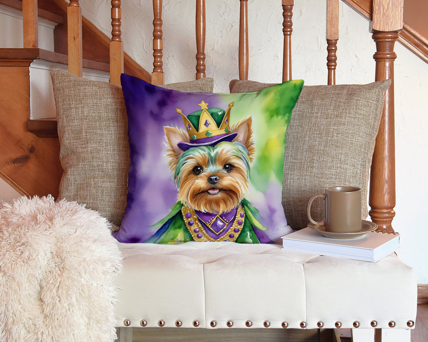 Yorkshire Terrier King of Mardi Gras Throw Pillow