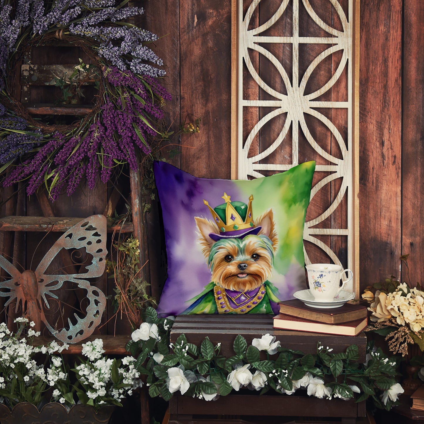 Yorkshire Terrier King of Mardi Gras Throw Pillow