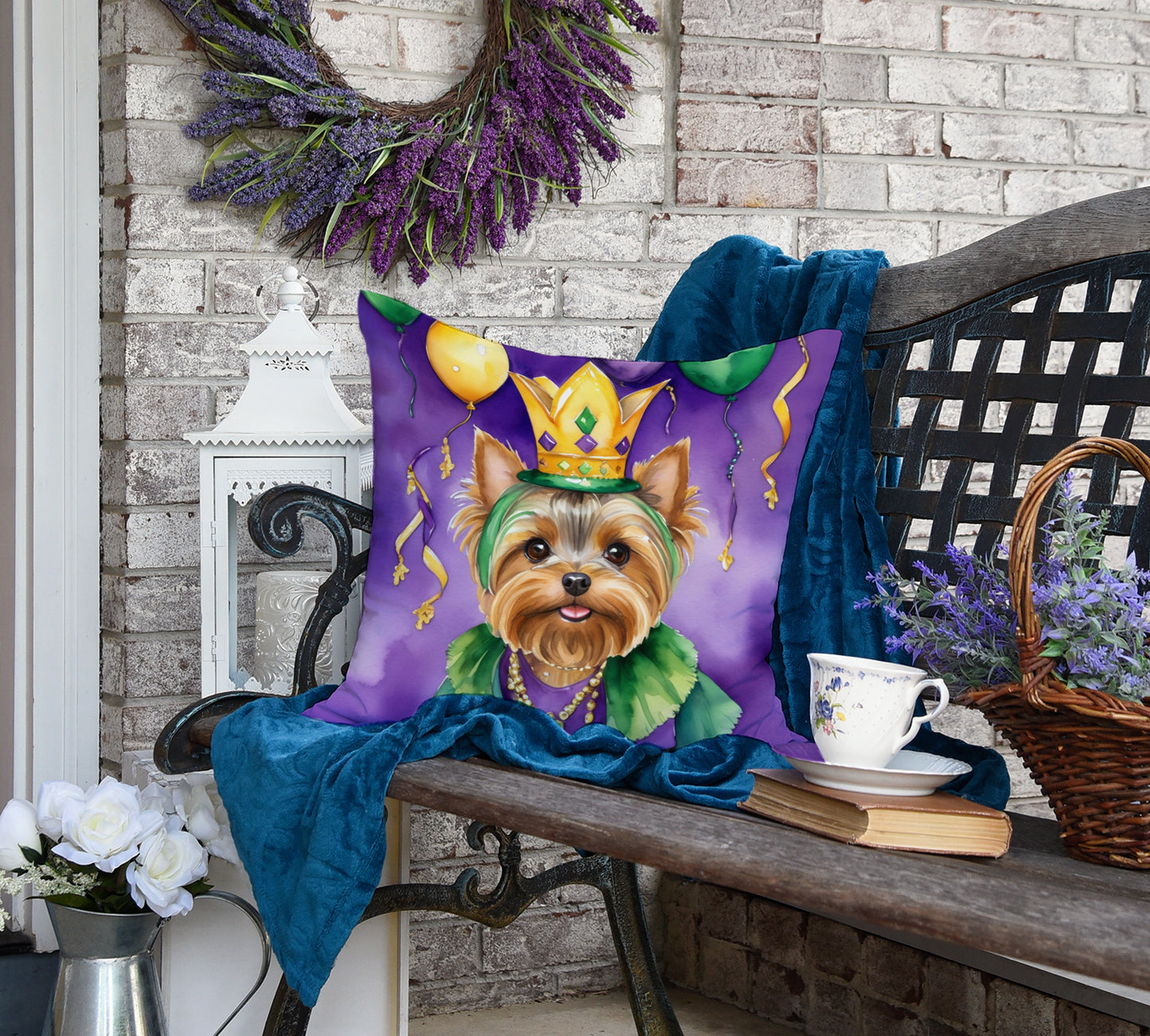 Yorkshire Terrier King of Mardi Gras Throw Pillow