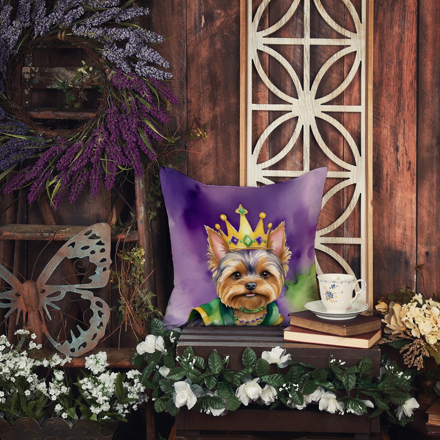 Yorkshire Terrier King of Mardi Gras Throw Pillow