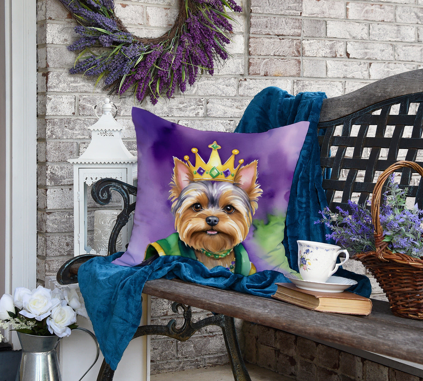 Yorkshire Terrier King of Mardi Gras Throw Pillow