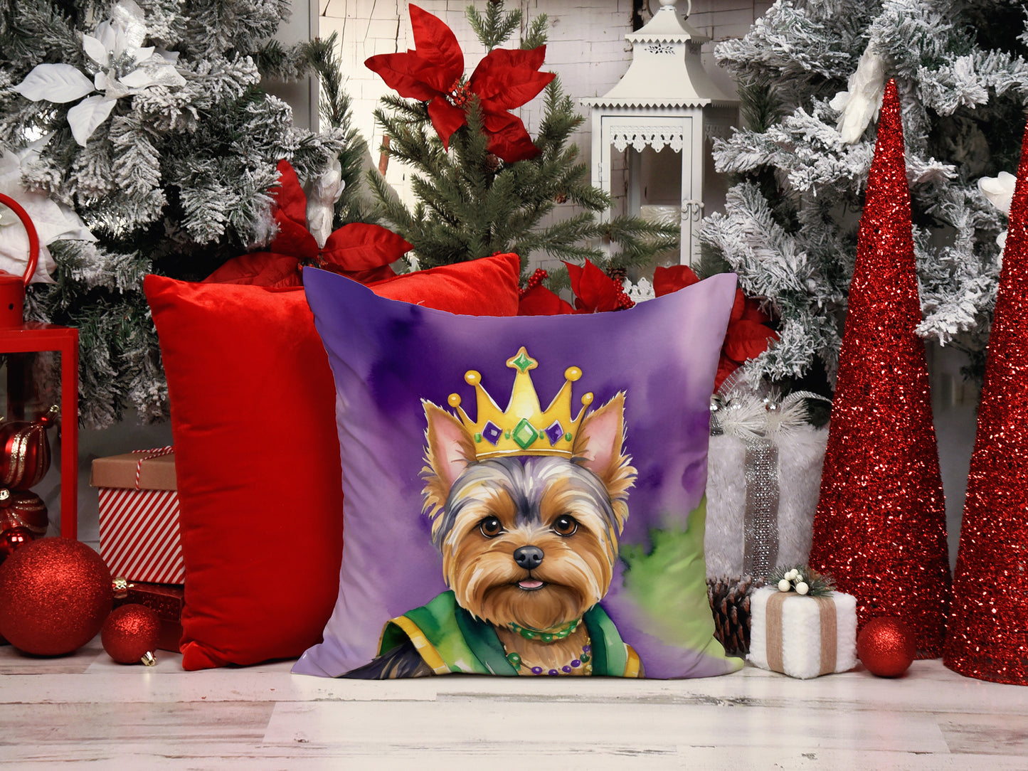 Yorkshire Terrier King of Mardi Gras Throw Pillow