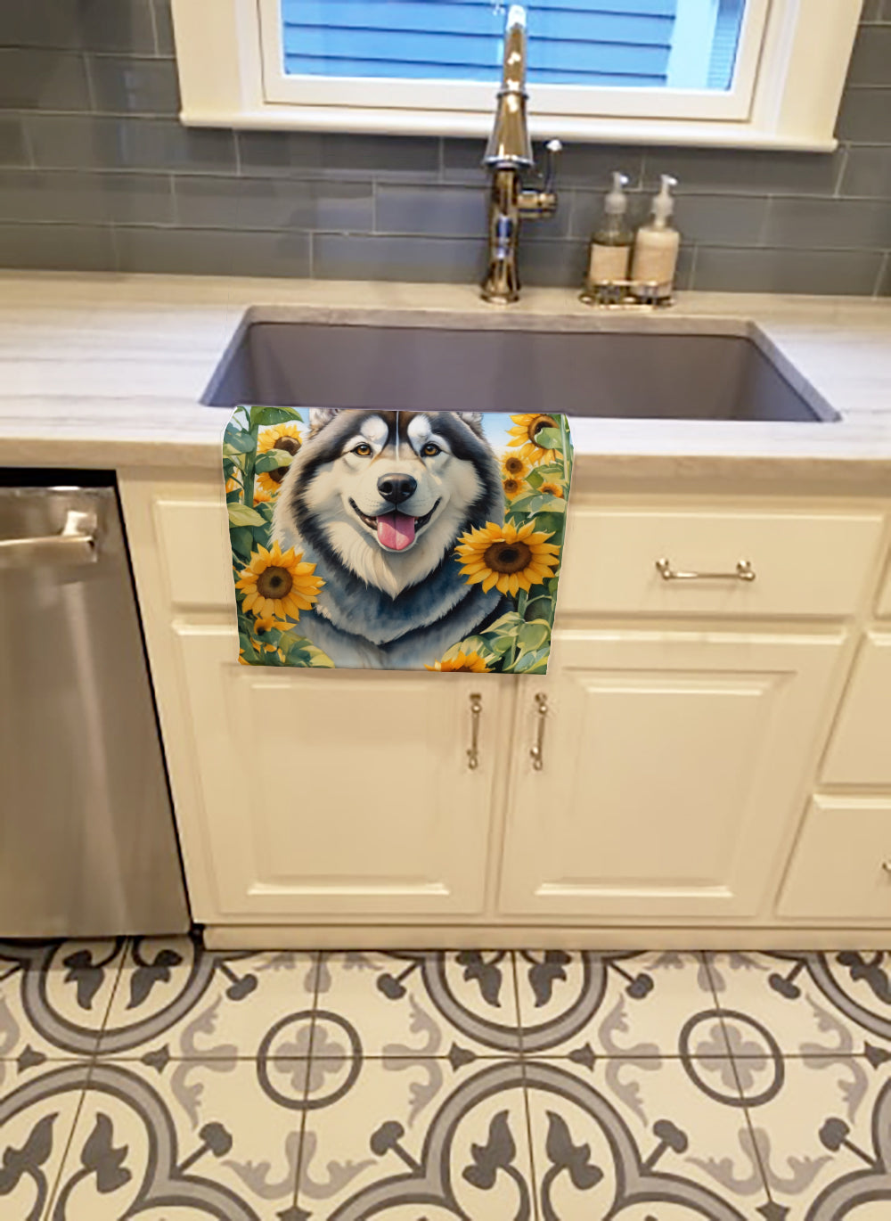 Alaskan Malamute in Sunflowers Kitchen Towel