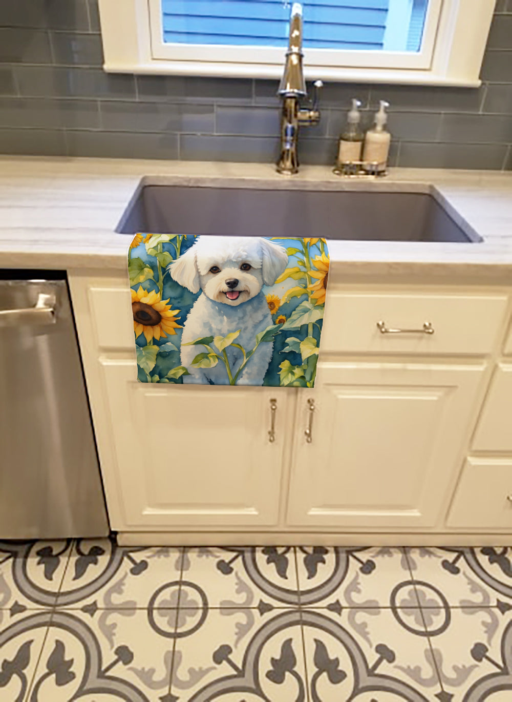 Bichon Frise in Sunflowers Kitchen Towel