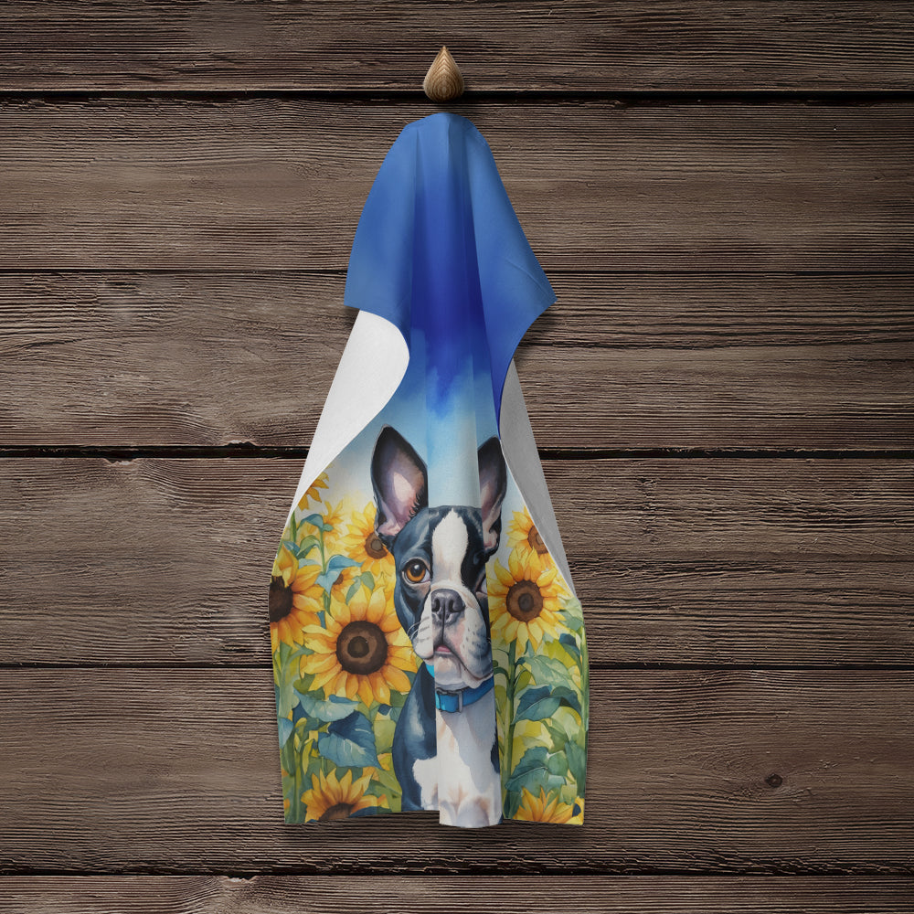 Boston Terrier in Sunflowers Kitchen Towel