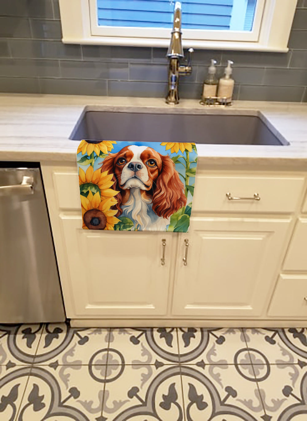 Cavalier Spaniel in Sunflowers Kitchen Towel