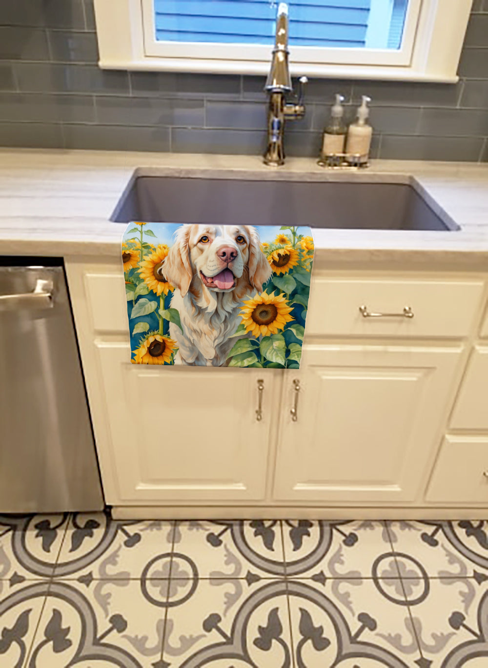 Clumber Spaniel in Sunflowers Kitchen Towel