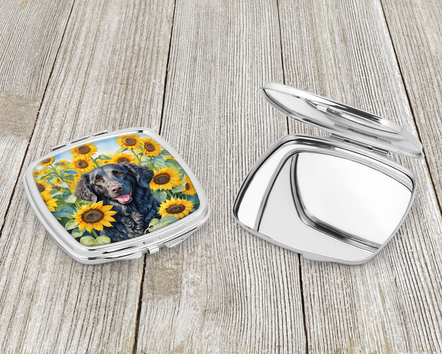 Curly-Coated Retriever in Sunflowers Compact Mirror