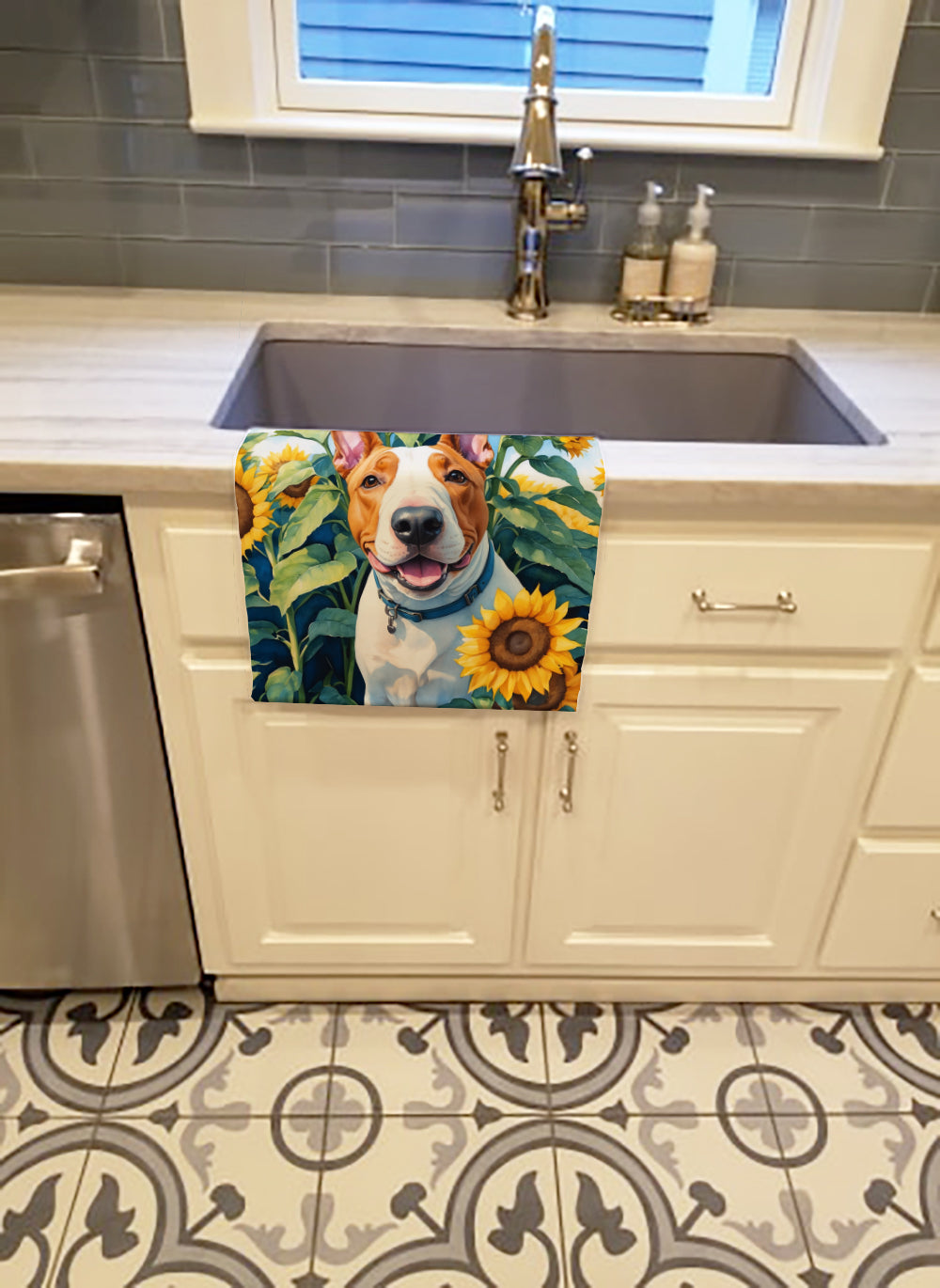 English Bull Terrier in Sunflowers Kitchen Towel