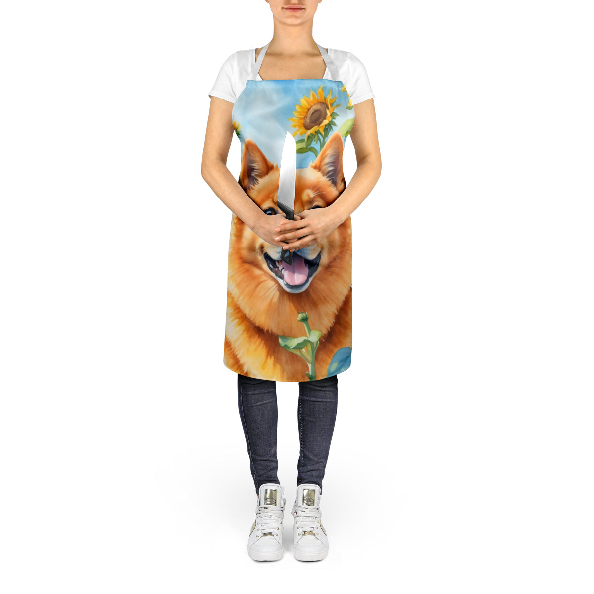 Finnish Spitz in Sunflowers Apron