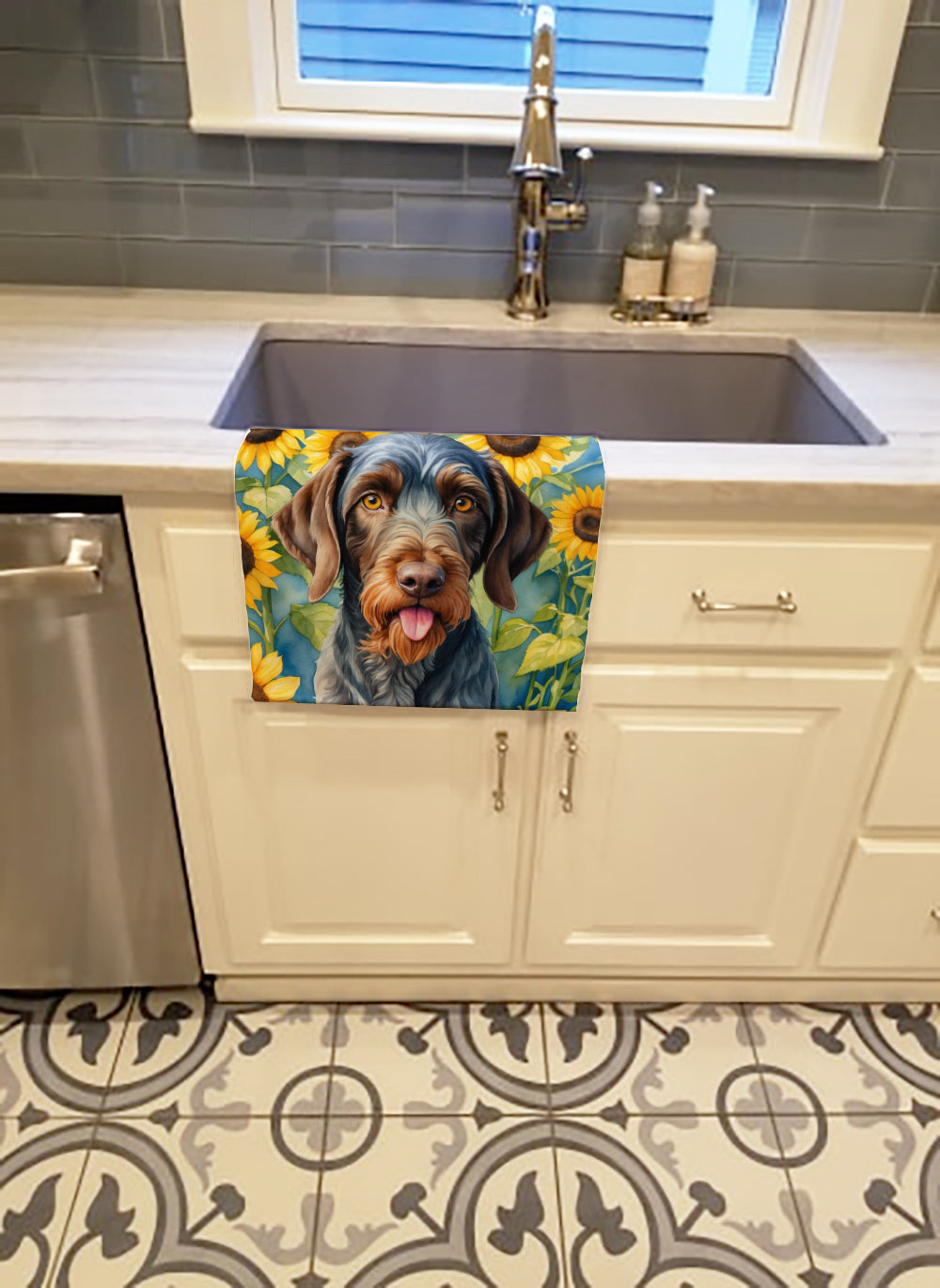 German Wirehaired Pointer in Sunflowers Kitchen Towel