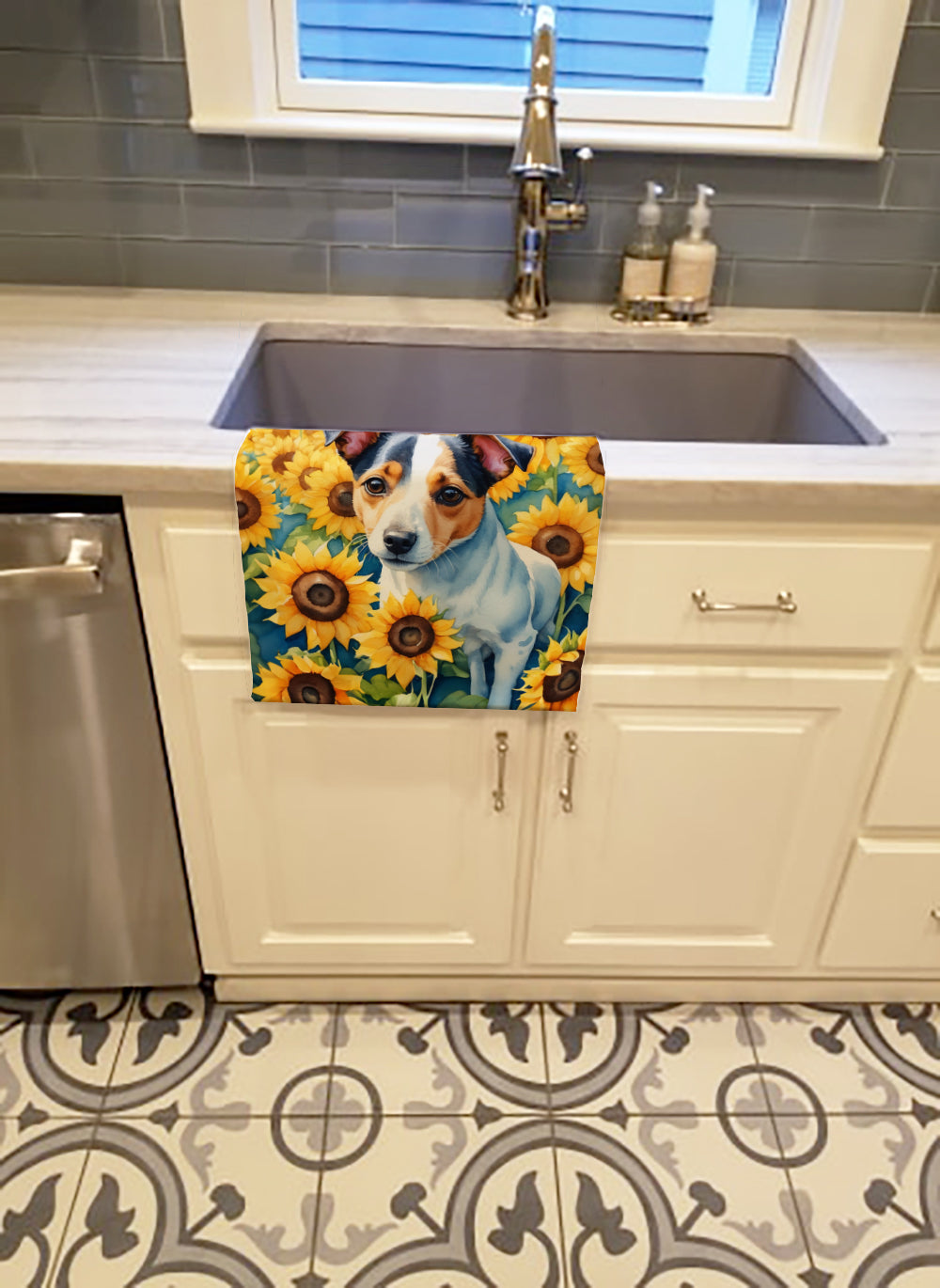 Jack Russell Terrier in Sunflowers Kitchen Towel