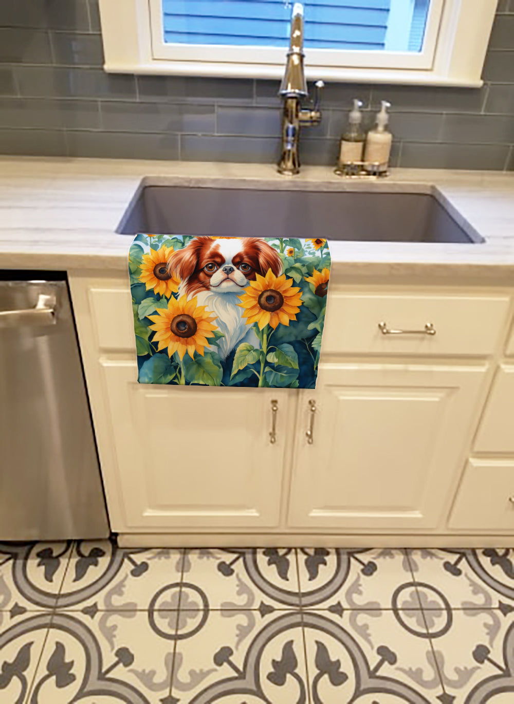 Japanese Chin in Sunflowers Kitchen Towel