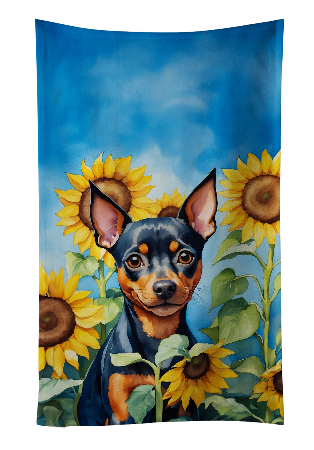 Buy this Miniature Pinscher in Sunflowers Kitchen Towel