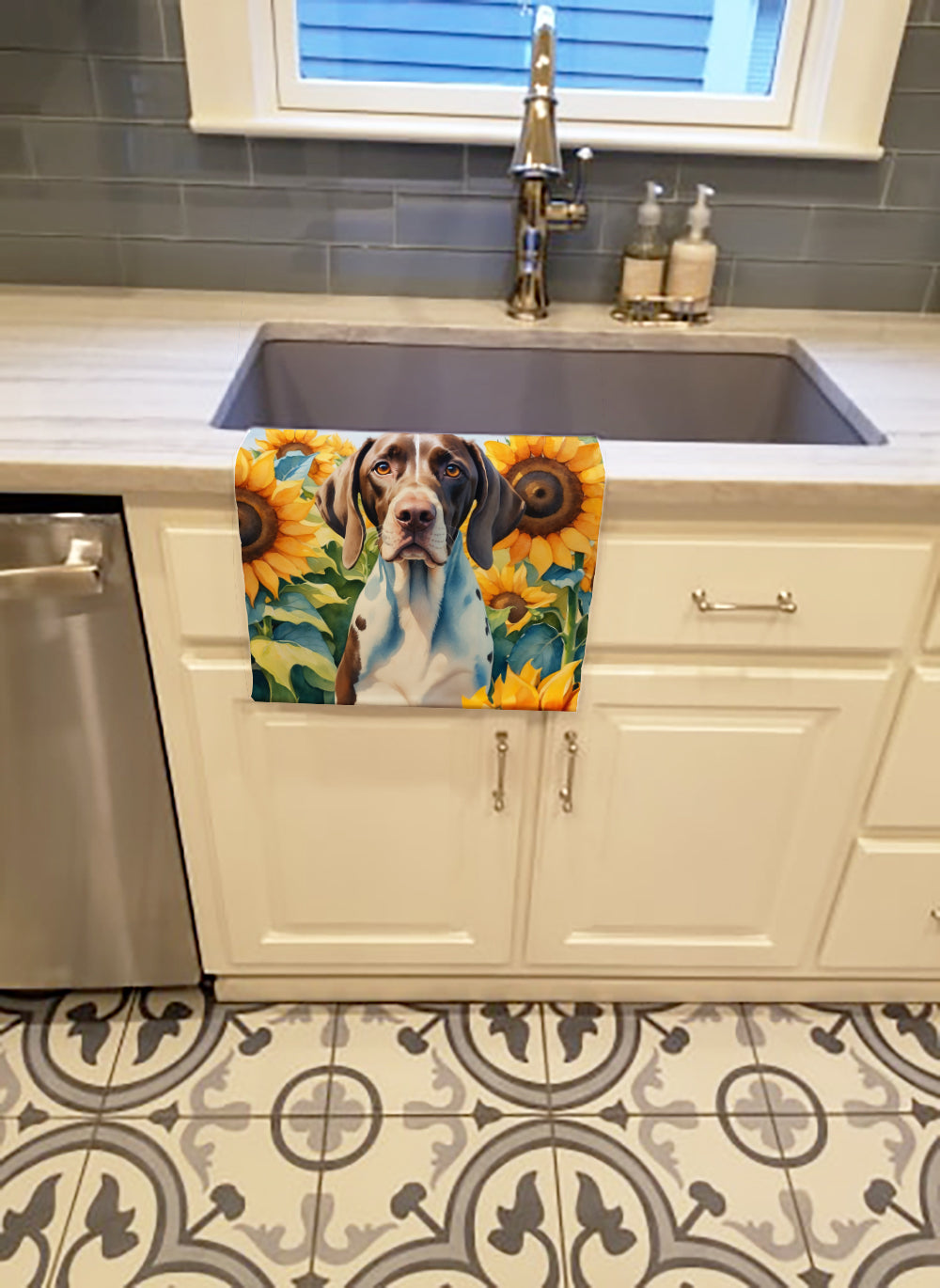 Pointer in Sunflowers Kitchen Towel