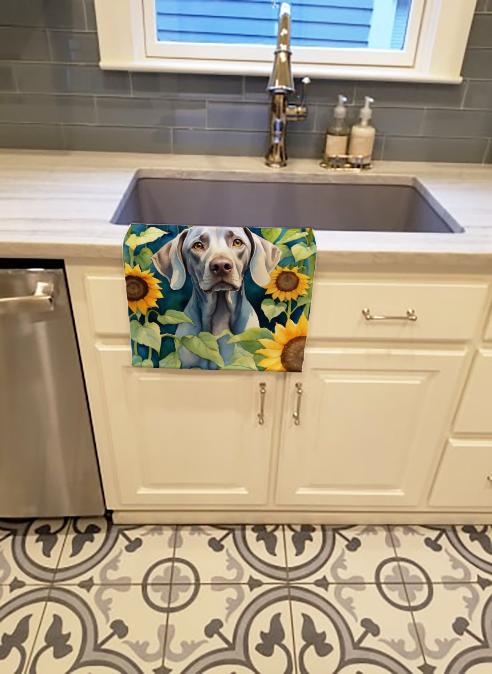 Weimaraner in Sunflowers Kitchen Towel