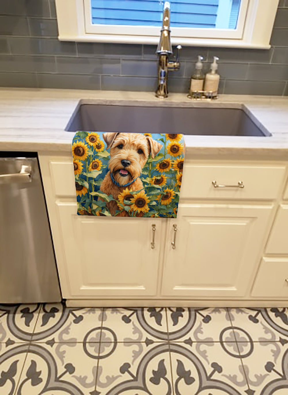 Wheaten Terrier in Sunflowers Kitchen Towel