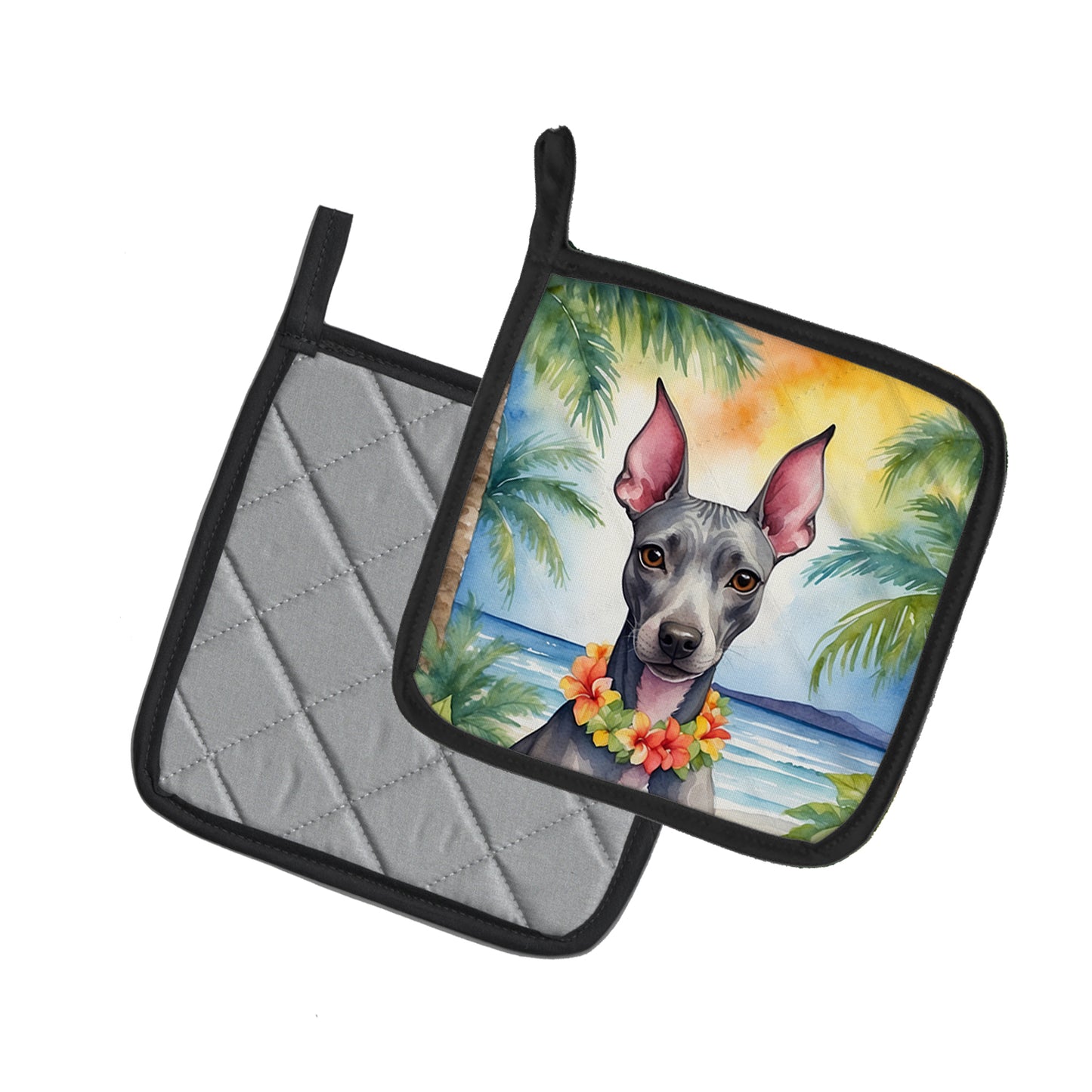 American Hairless Terrier Luau Pair of Pot Holders