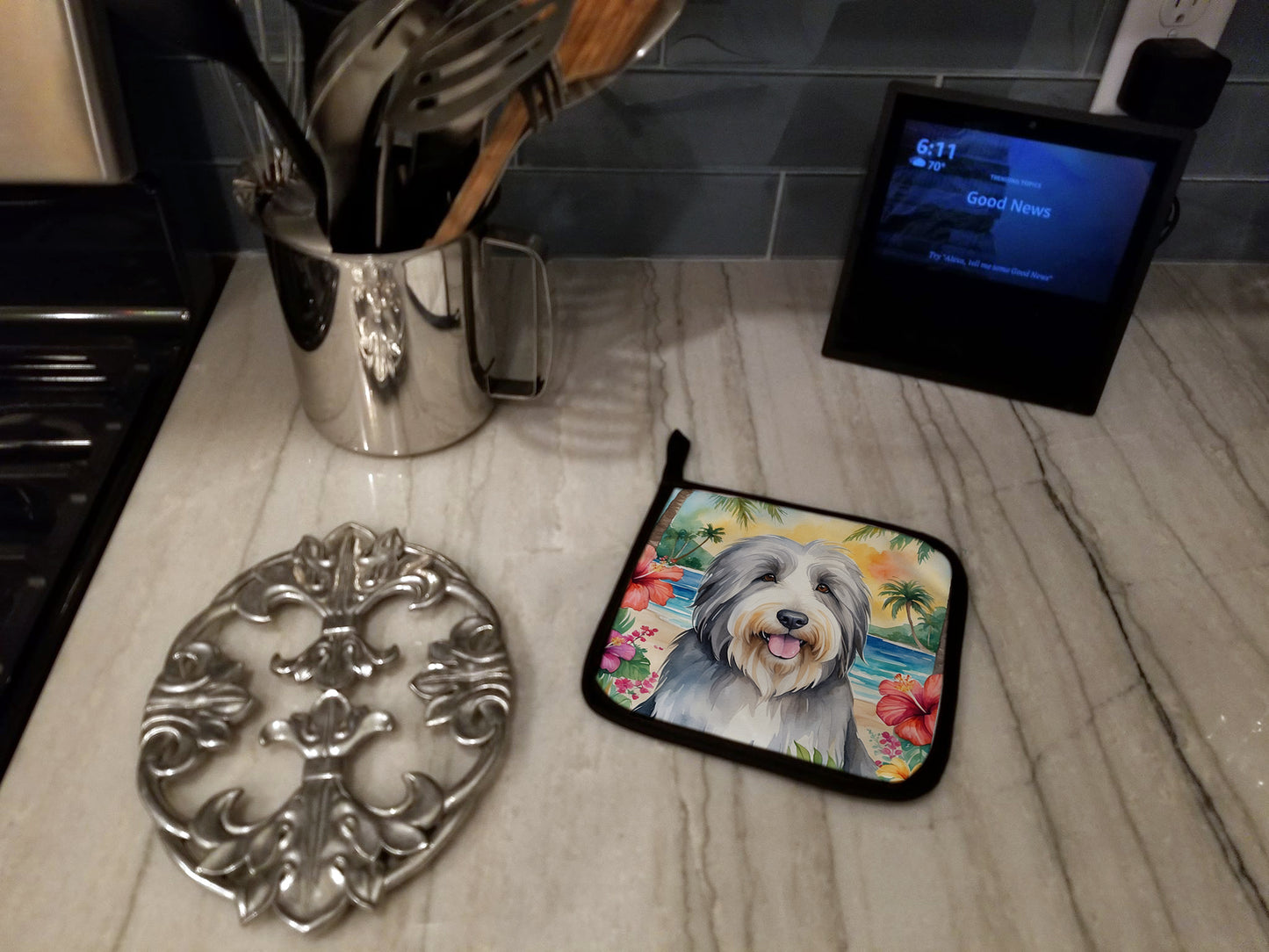 Bearded Collie Luau Pair of Pot Holders
