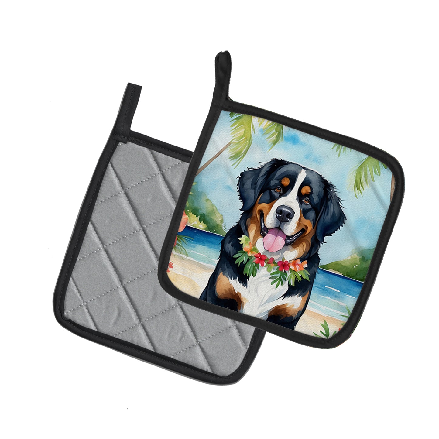 Bernese Mountain Dog Luau Pair of Pot Holders