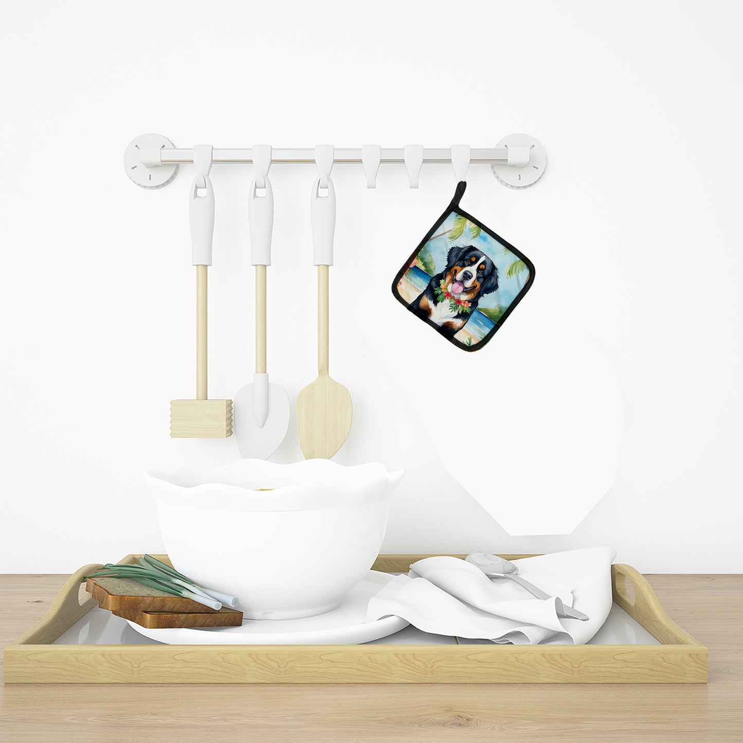 Bernese Mountain Dog Luau Pair of Pot Holders
