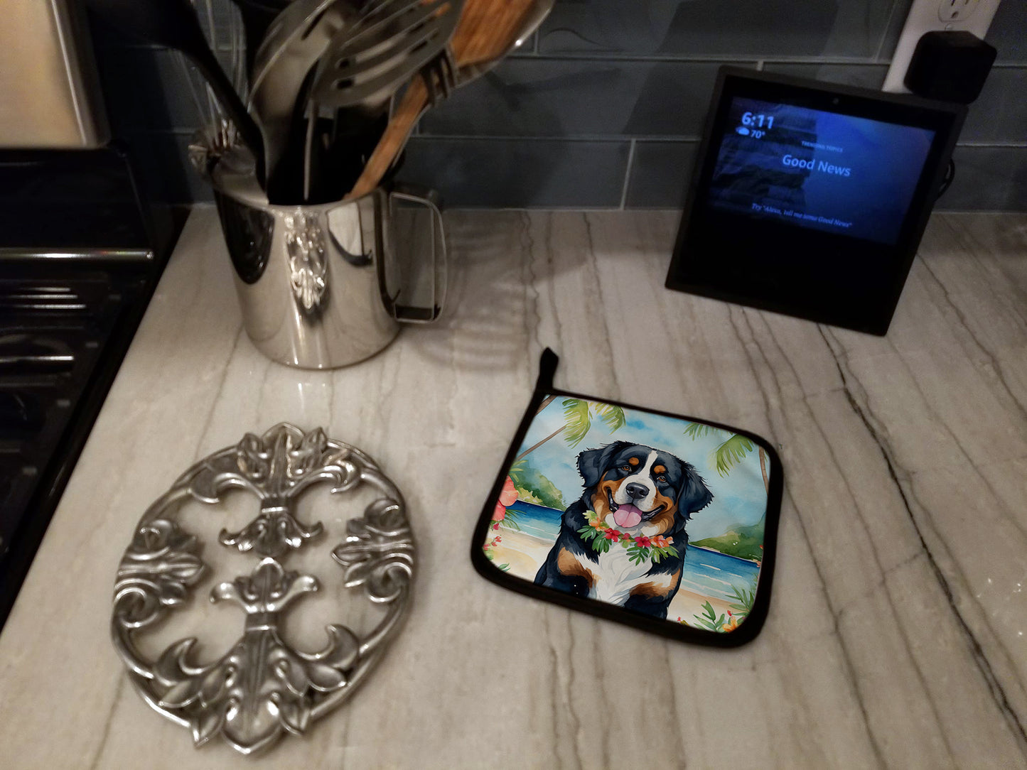 Bernese Mountain Dog Luau Pair of Pot Holders