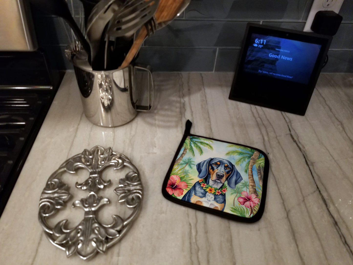 Bluetick Coonhound Luau Pair of Pot Holders