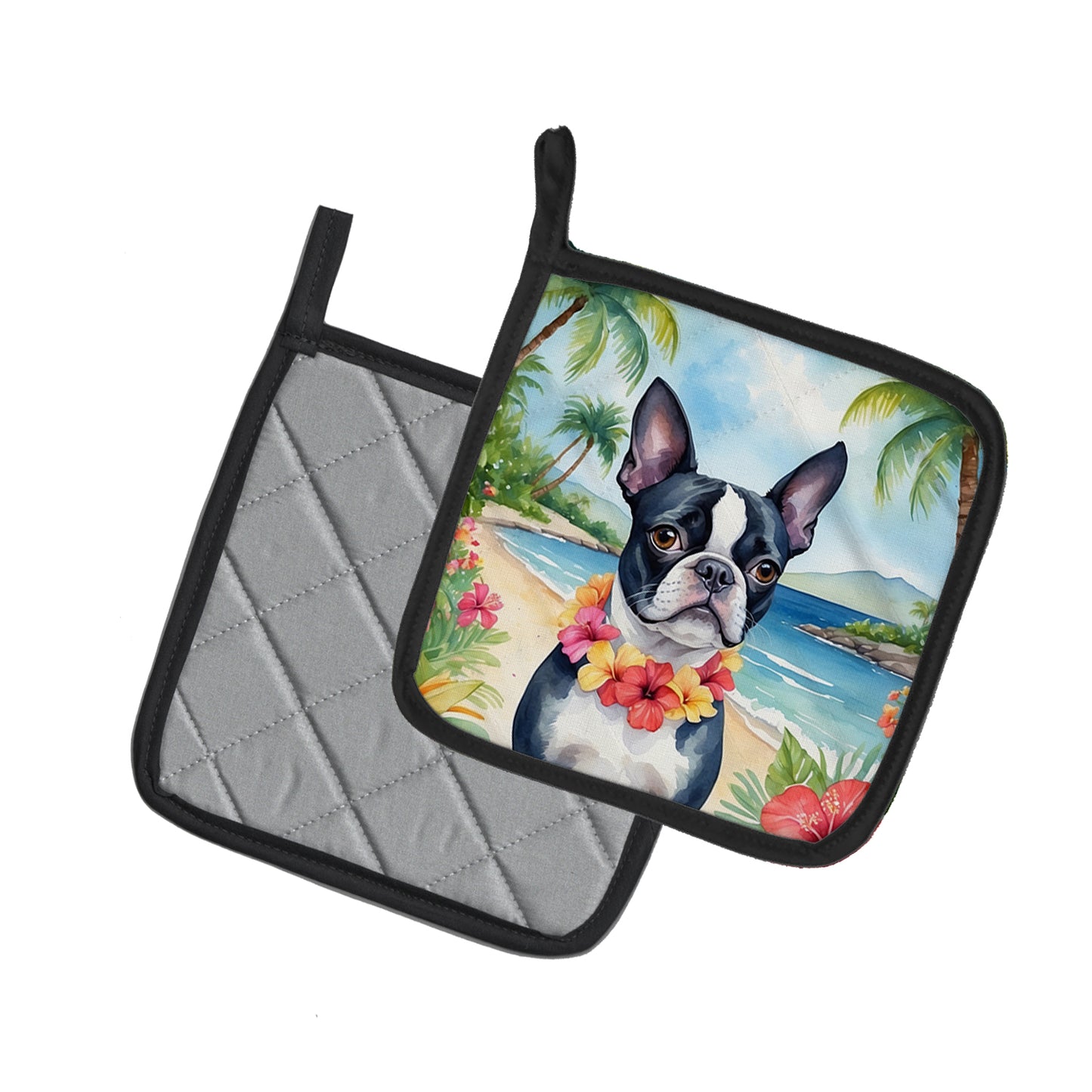 Boston Terrier Luau Pair of Pot Holders
