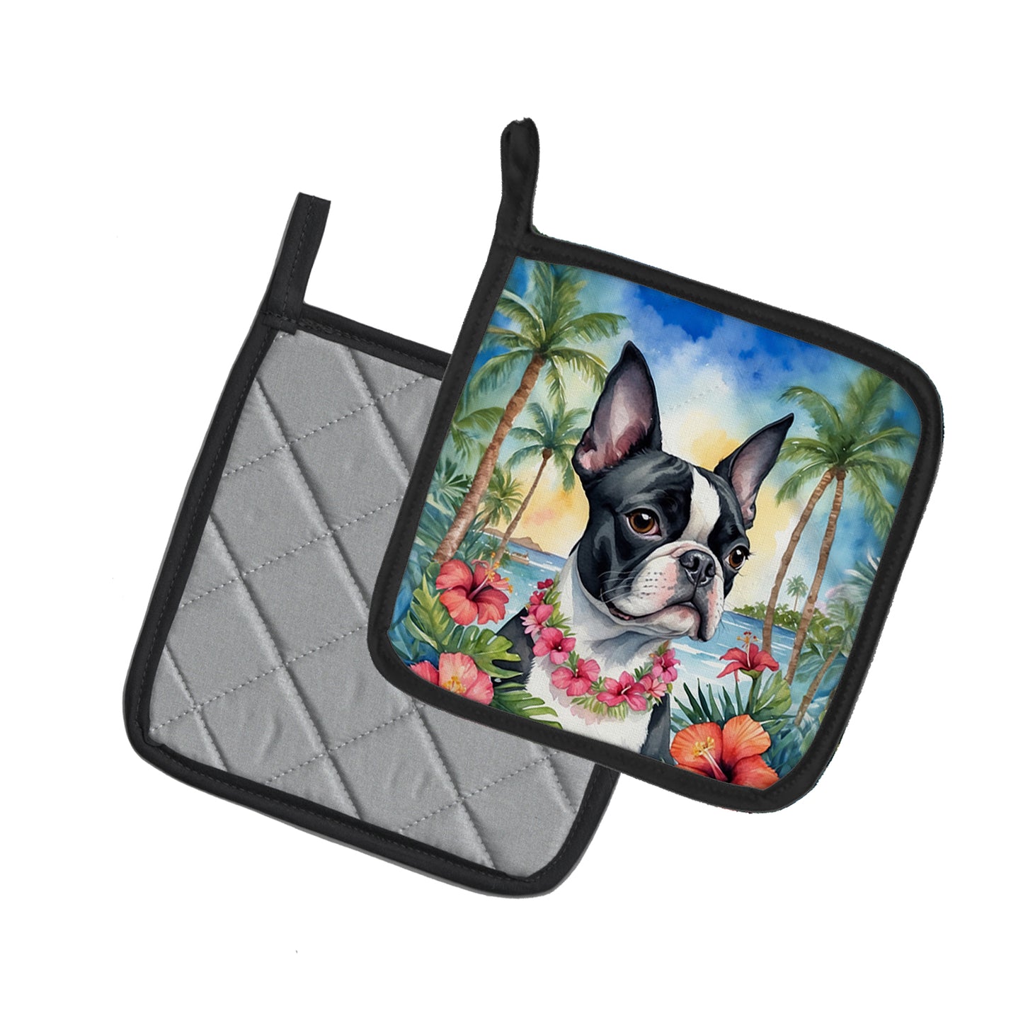 Boston Terrier Luau Pair of Pot Holders