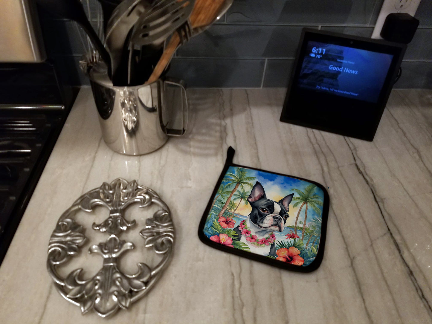 Boston Terrier Luau Pair of Pot Holders