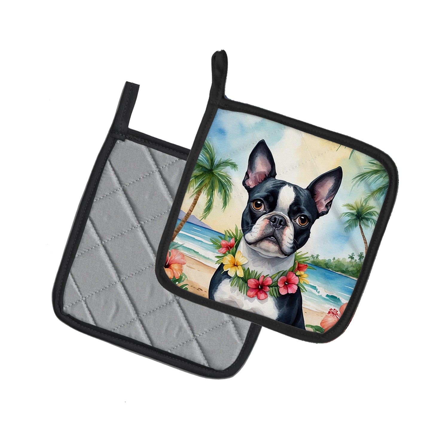 Boston Terrier Luau Pair of Pot Holders
