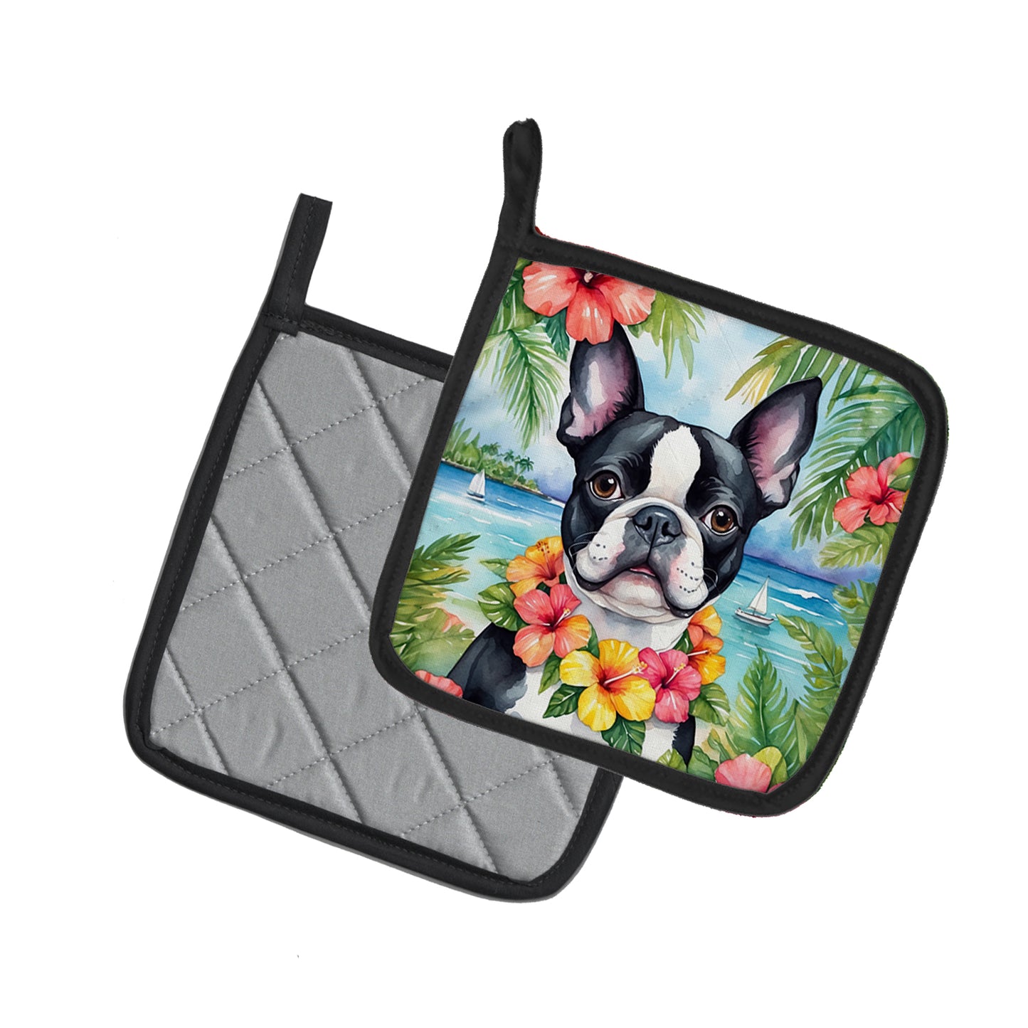 Boston Terrier Luau Pair of Pot Holders