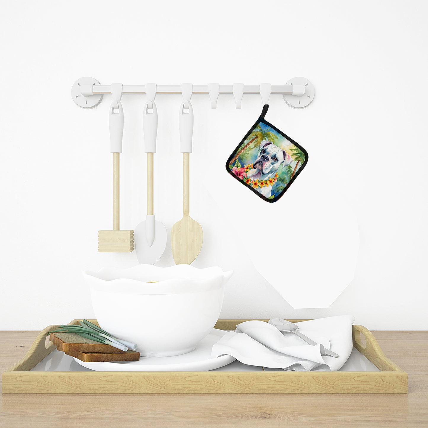 White Boxer Luau Pair of Pot Holders