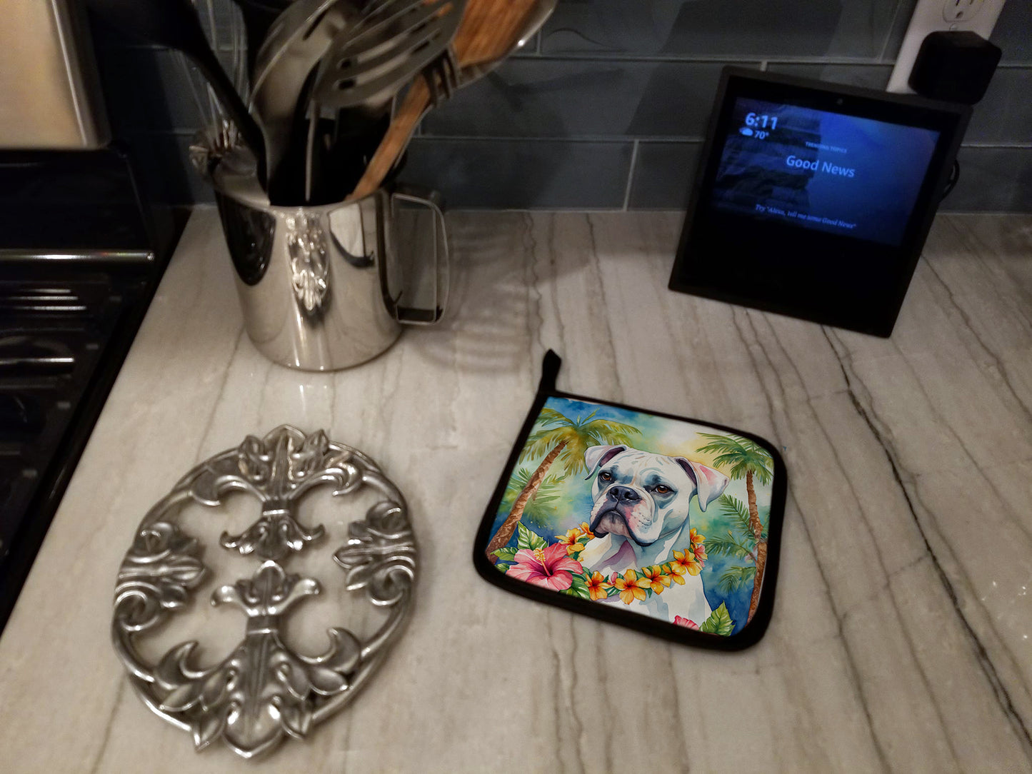 White Boxer Luau Pair of Pot Holders