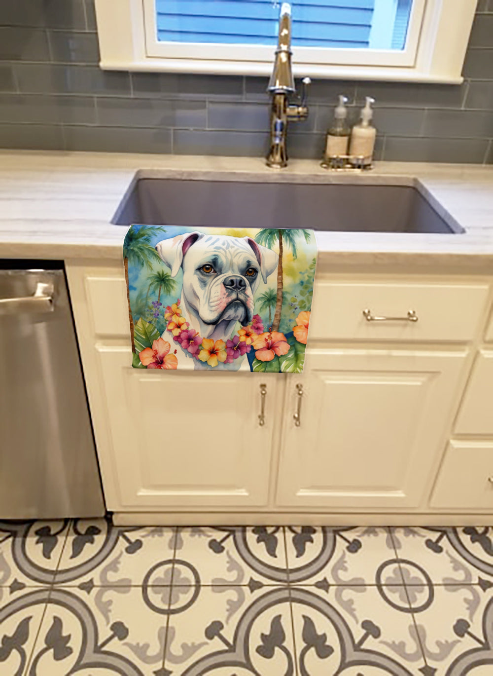 White Boxer Luau Kitchen Towel