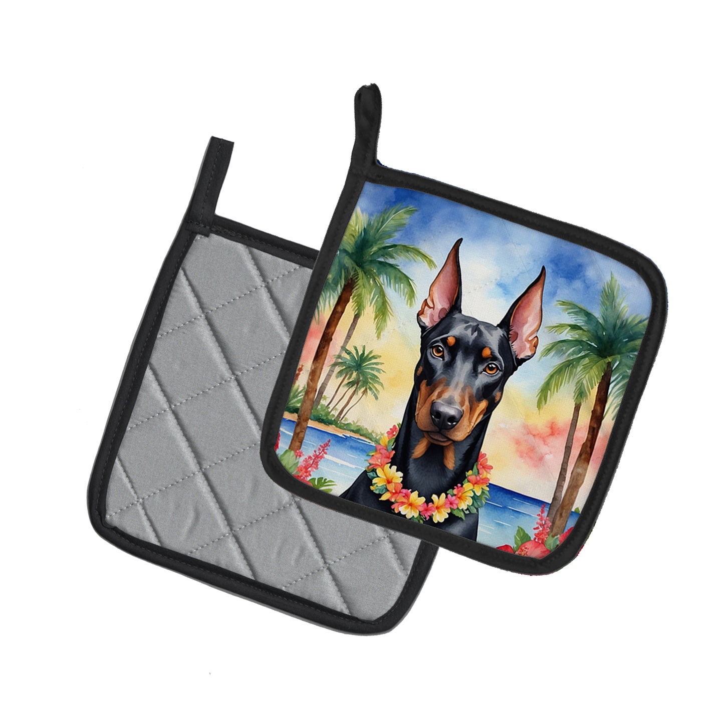 Doberman Pinscher Luau Pair of Pot Holders