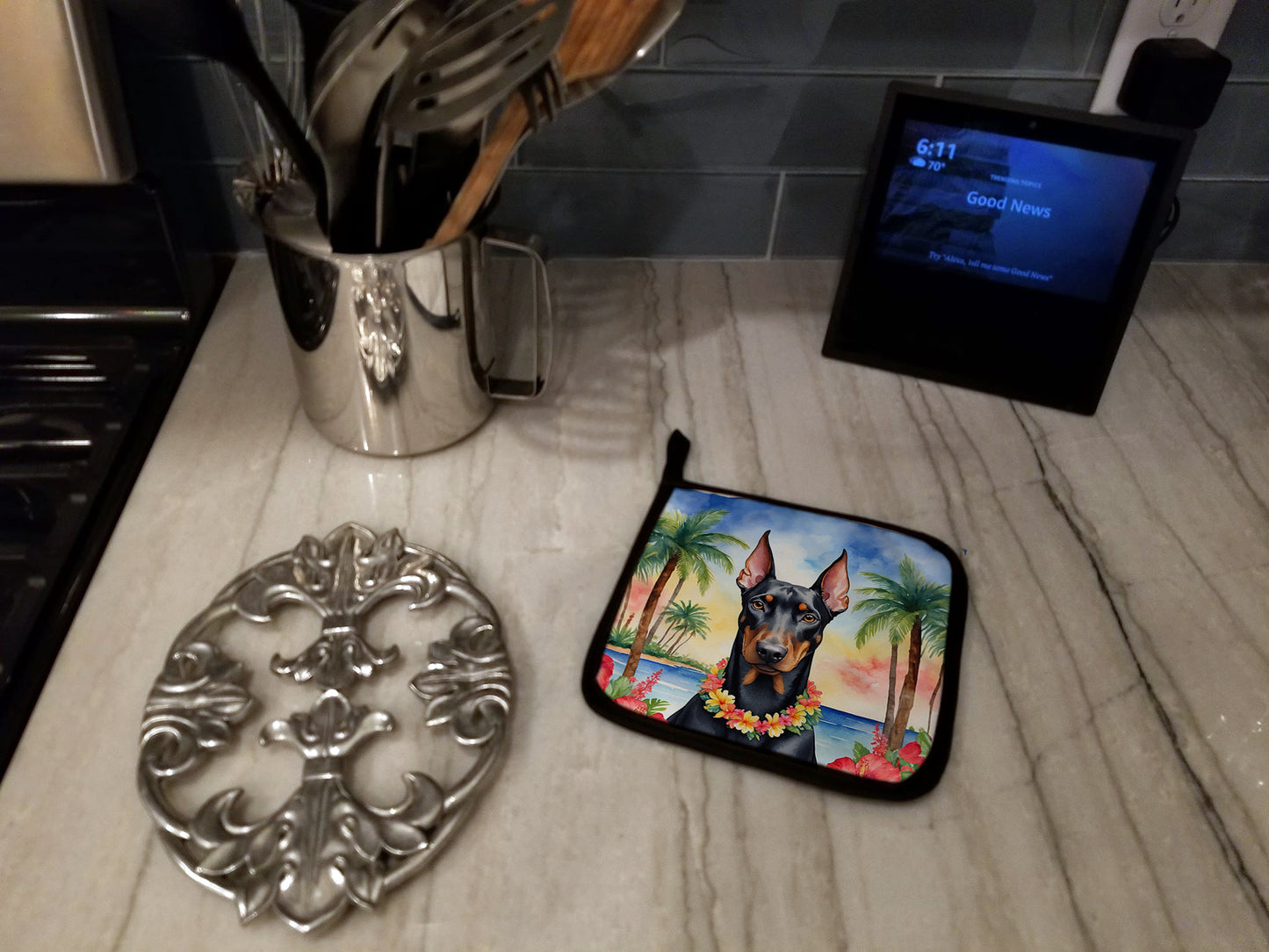 Doberman Pinscher Luau Pair of Pot Holders