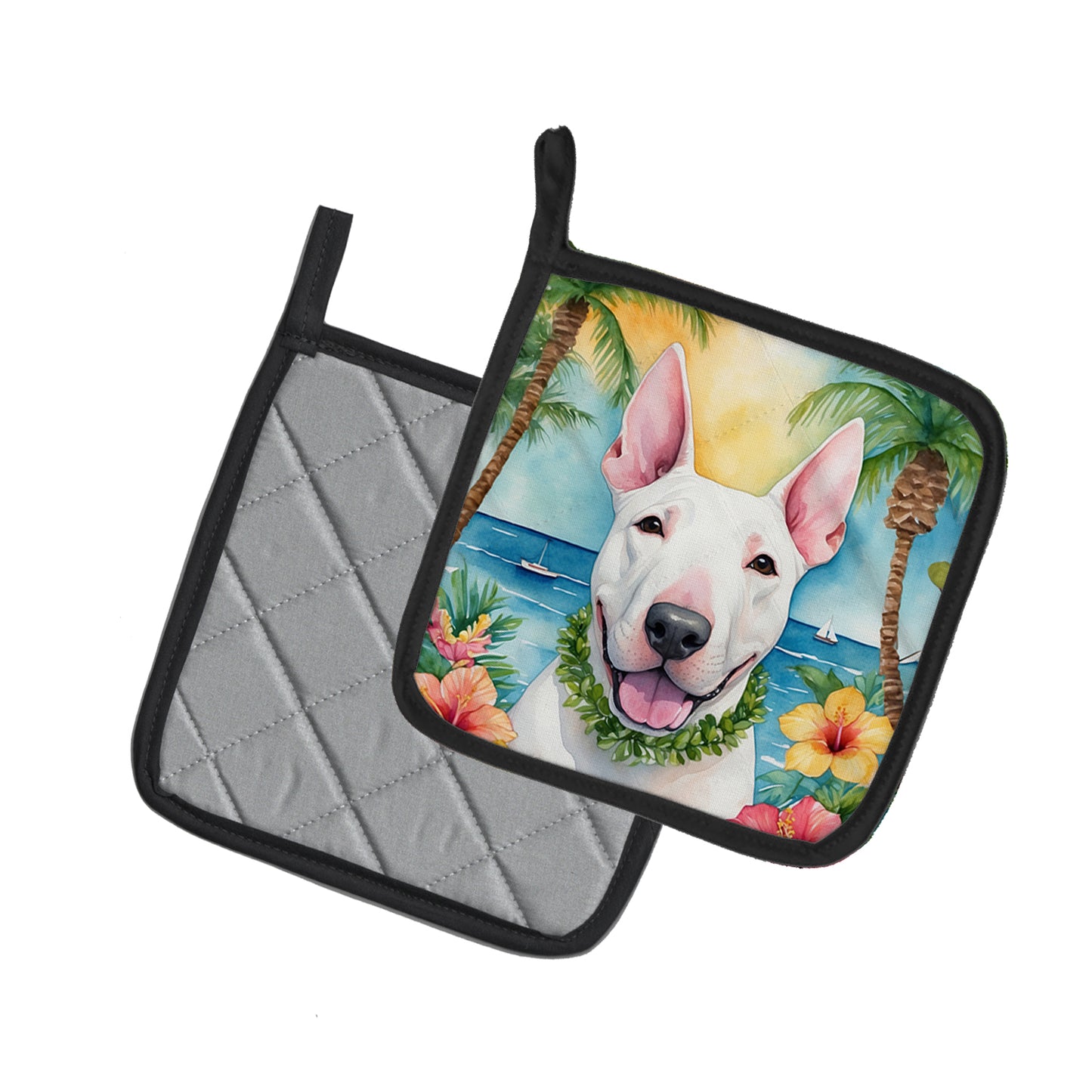 English Bull Terrier Luau Pair of Pot Holders