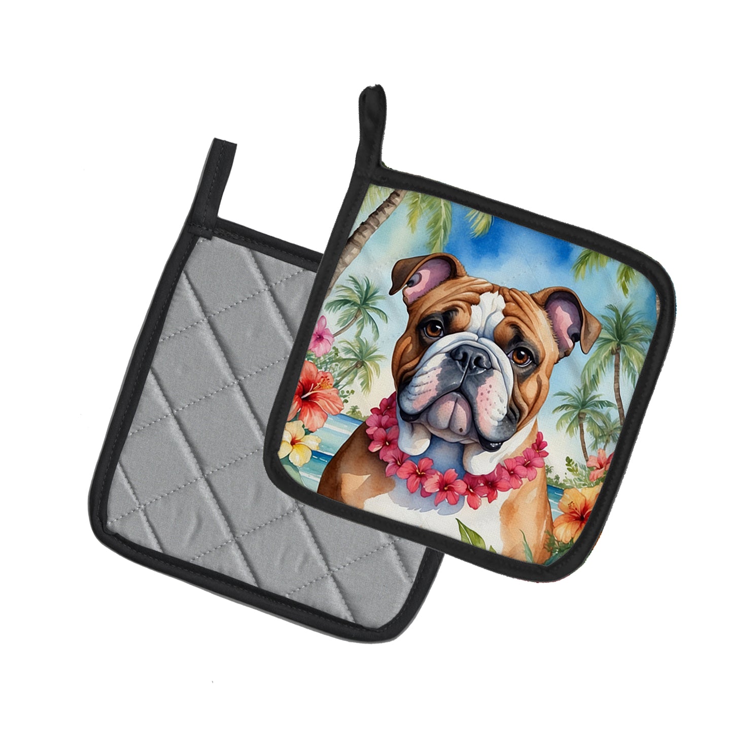 English Bulldog Luau Pair of Pot Holders