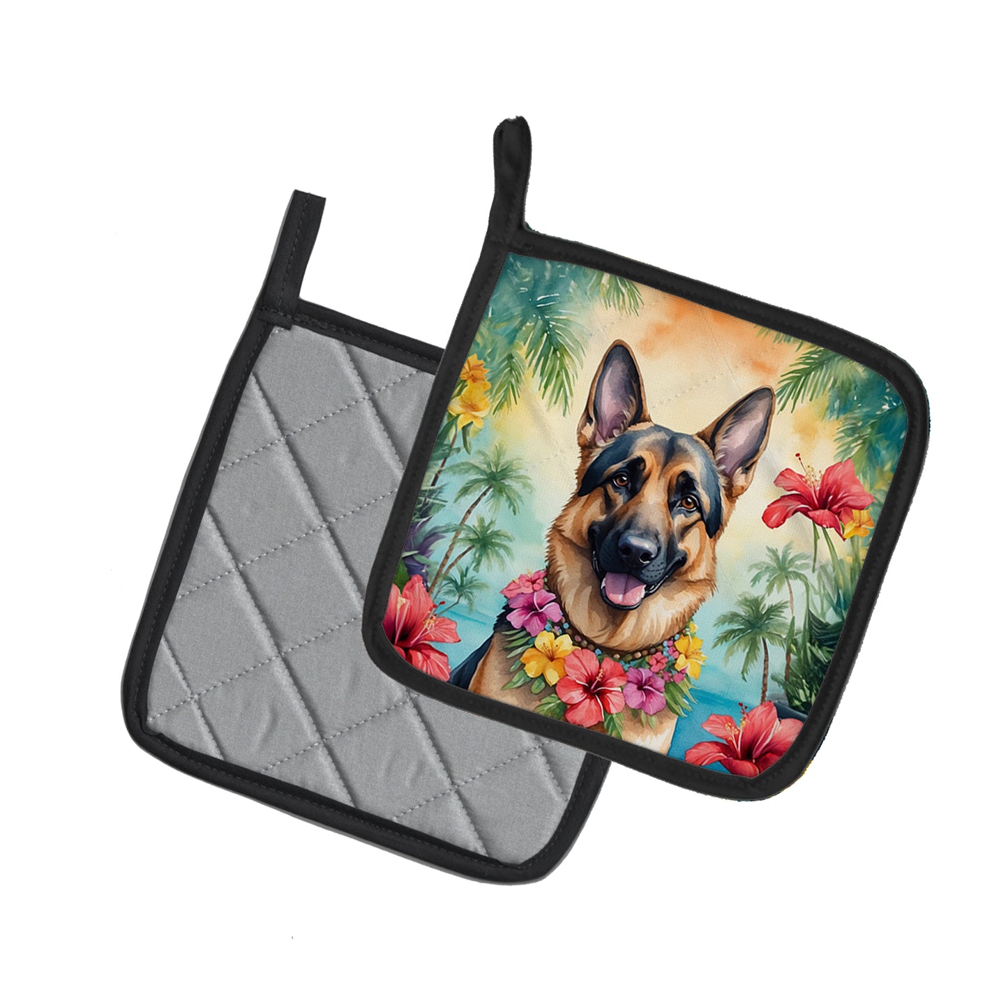 German Shepherd Luau Pair of Pot Holders