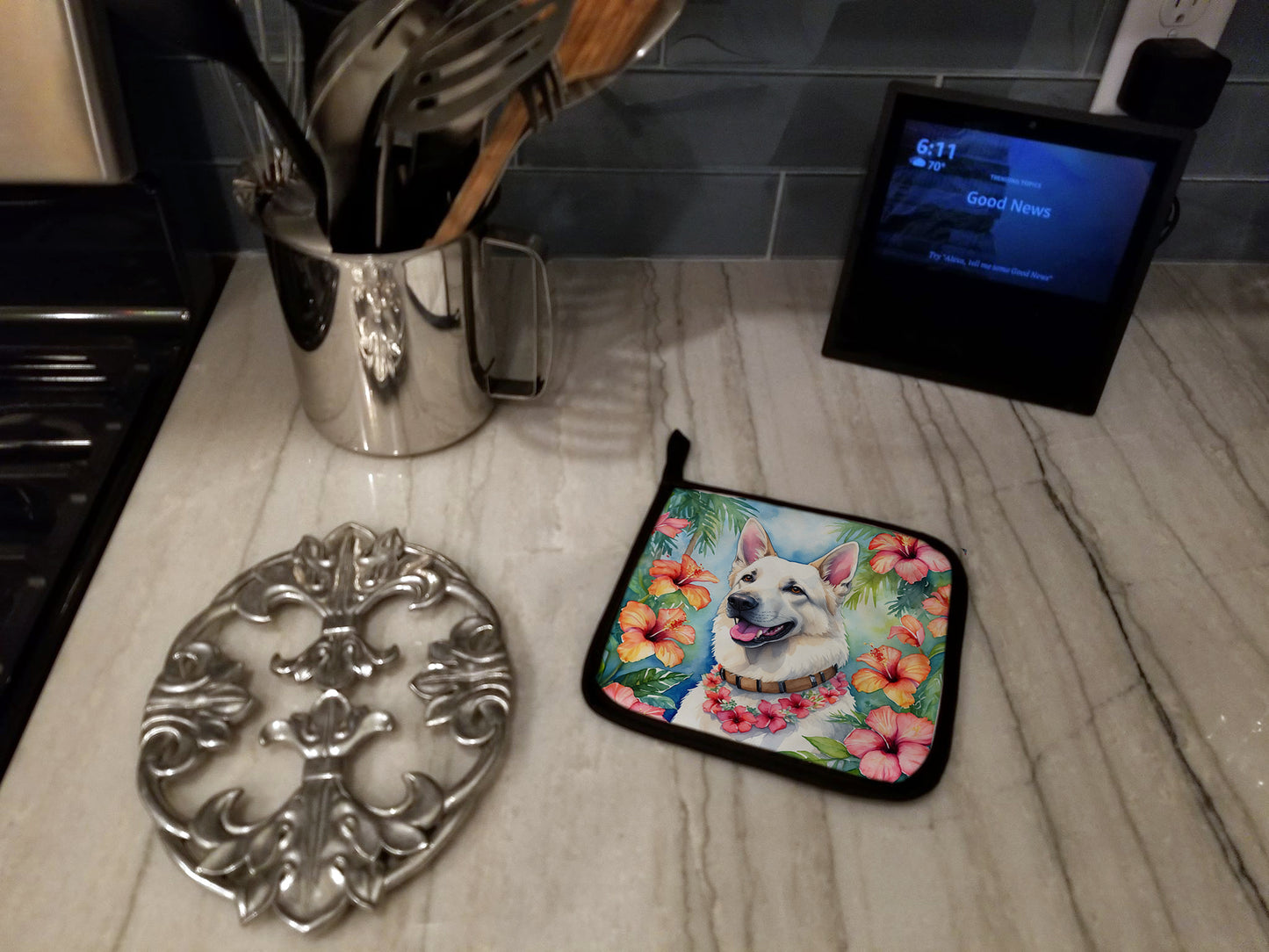 White German Shepherd Luau Pair of Pot Holders