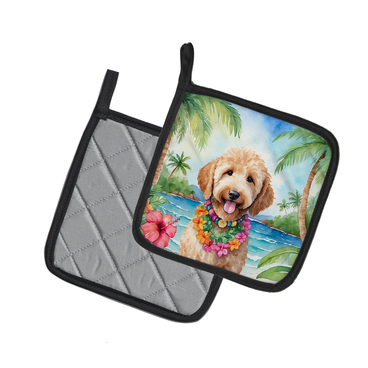 Goldendoodle Luau Pair of Pot Holders