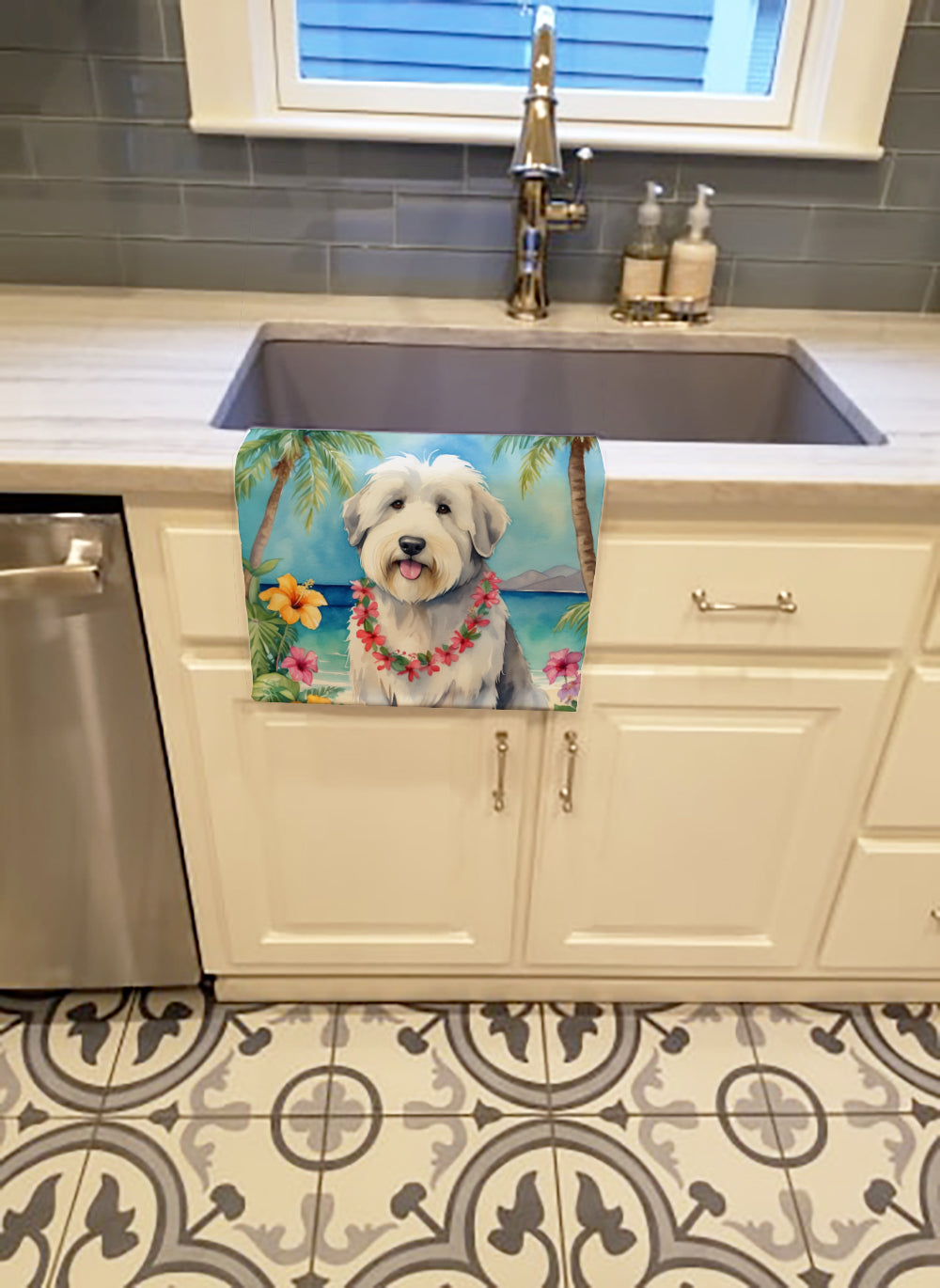 Old English Sheepdog Luau Kitchen Towel