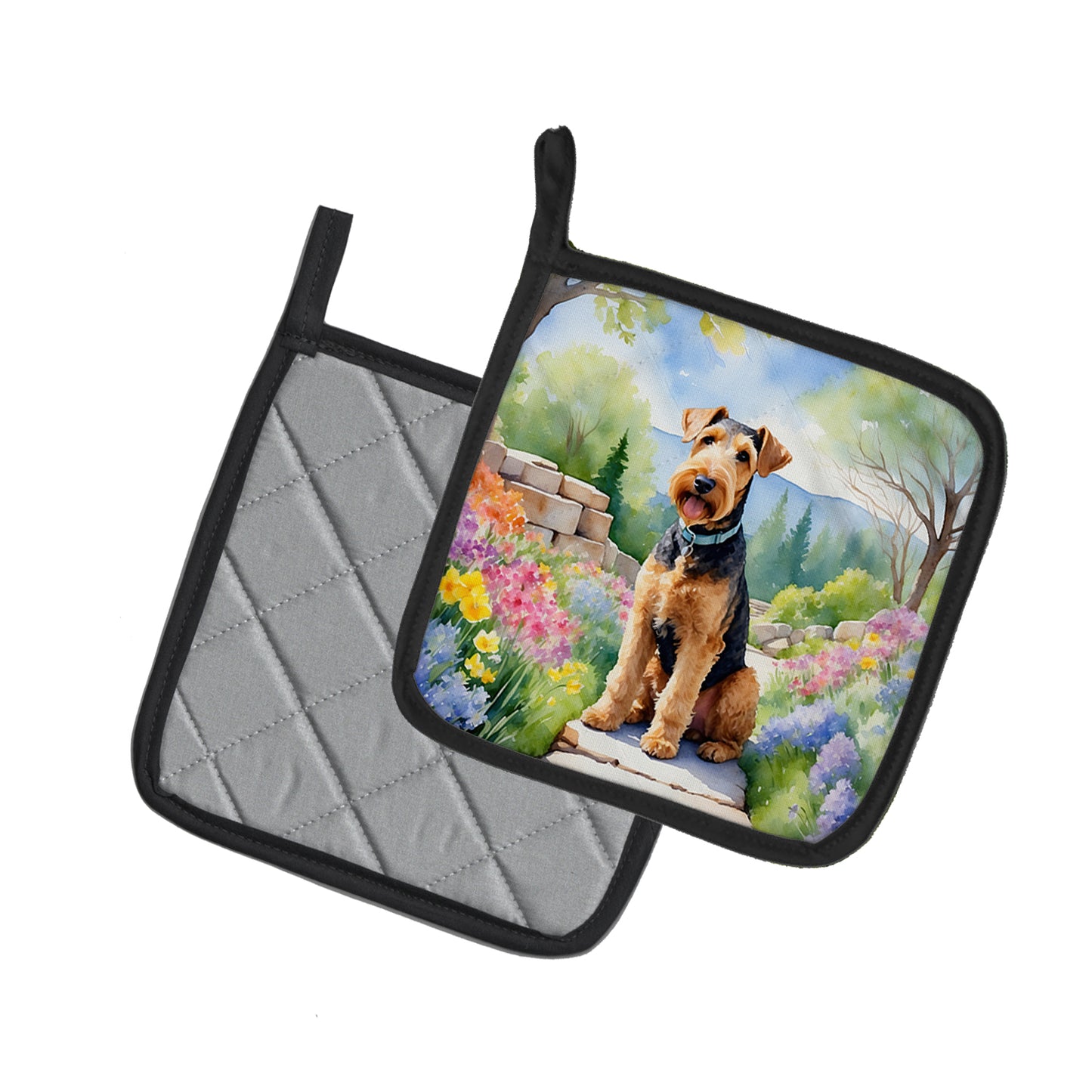 Airedale Terrier Spring Garden Pair of Pot Holders