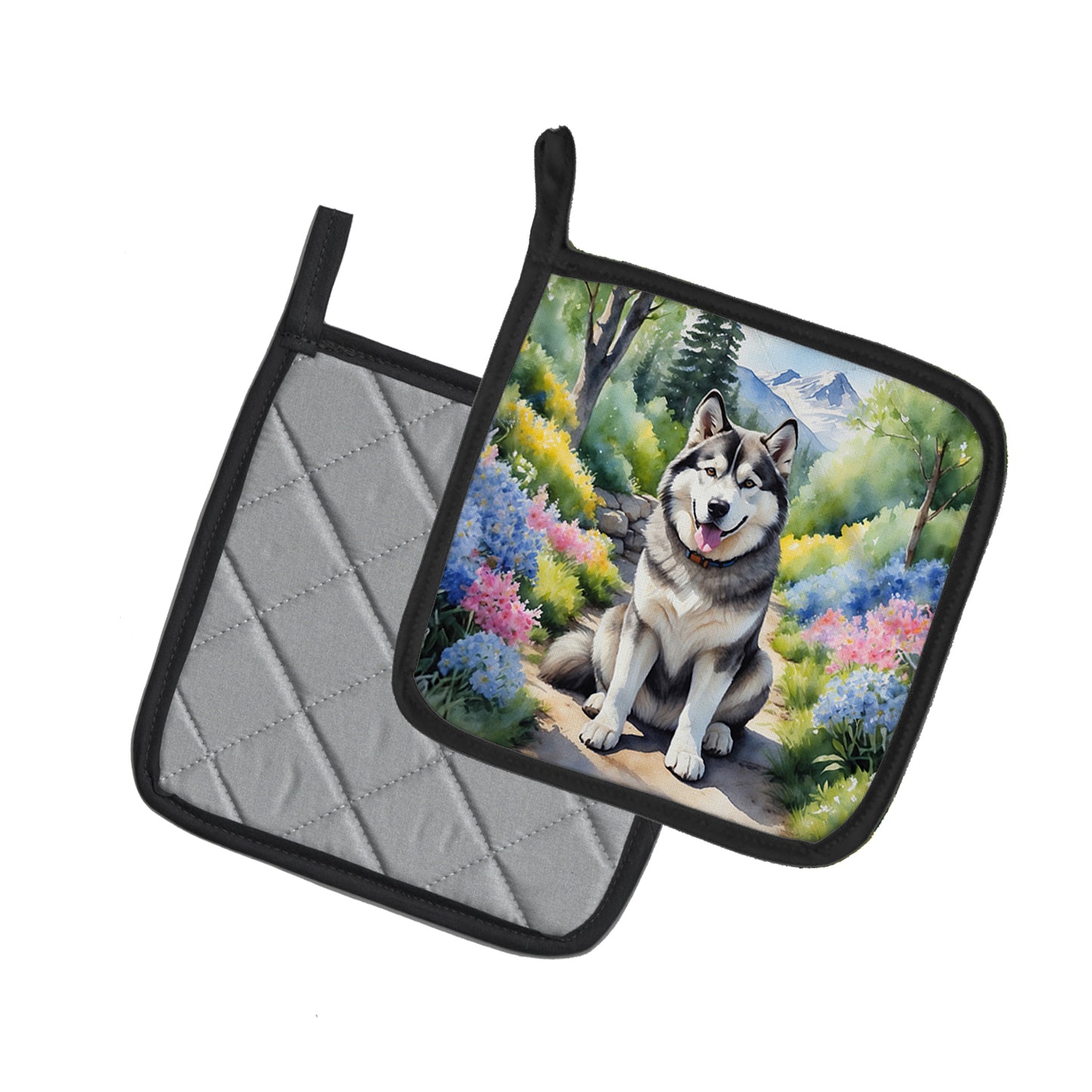 Alaskan Malamute Spring Garden Pair of Pot Holders