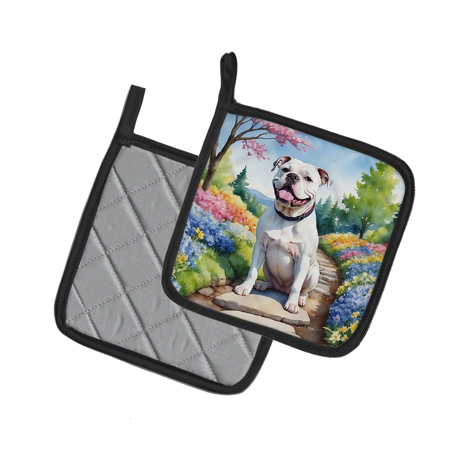 American Bulldog Spring Garden Pair of Pot Holders