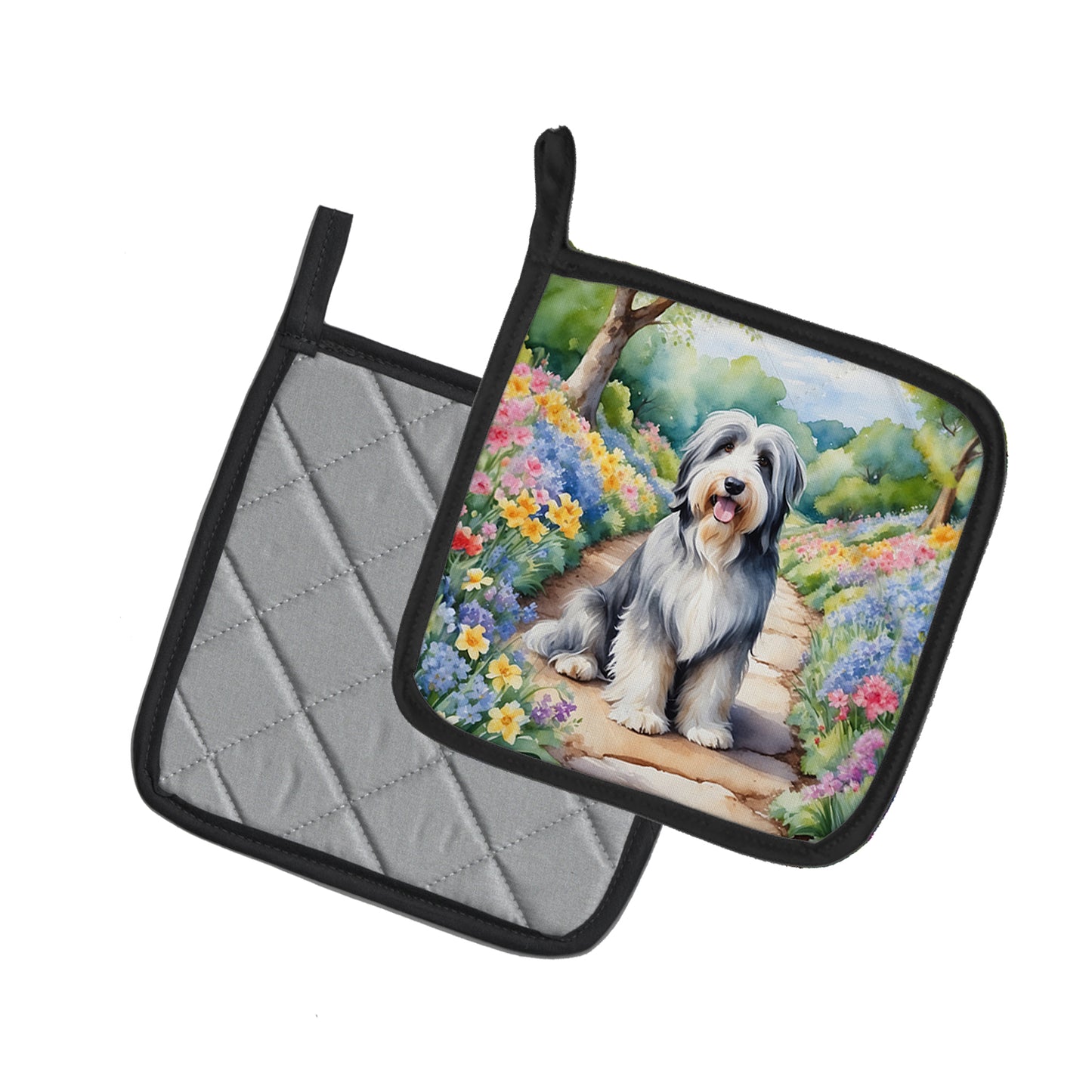 Bearded Collie Spring Garden Pair of Pot Holders