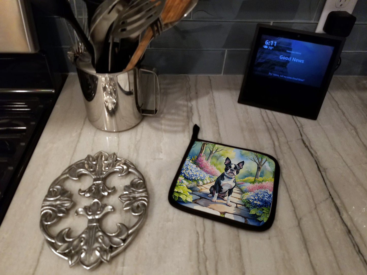 Boston Terrier Spring Path Pair of Pot Holders