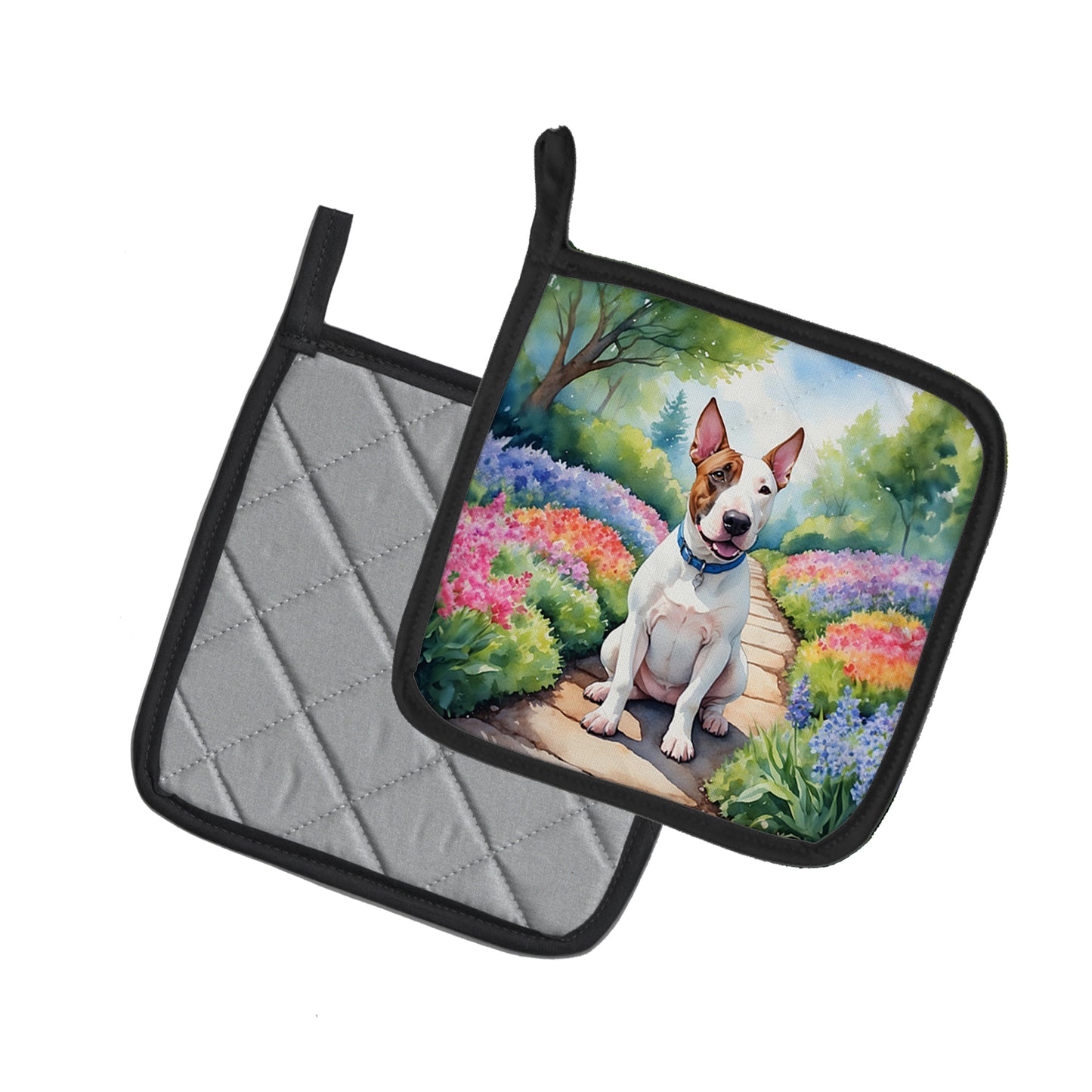 English Bull Terrier Spring Path Pair of Pot Holders